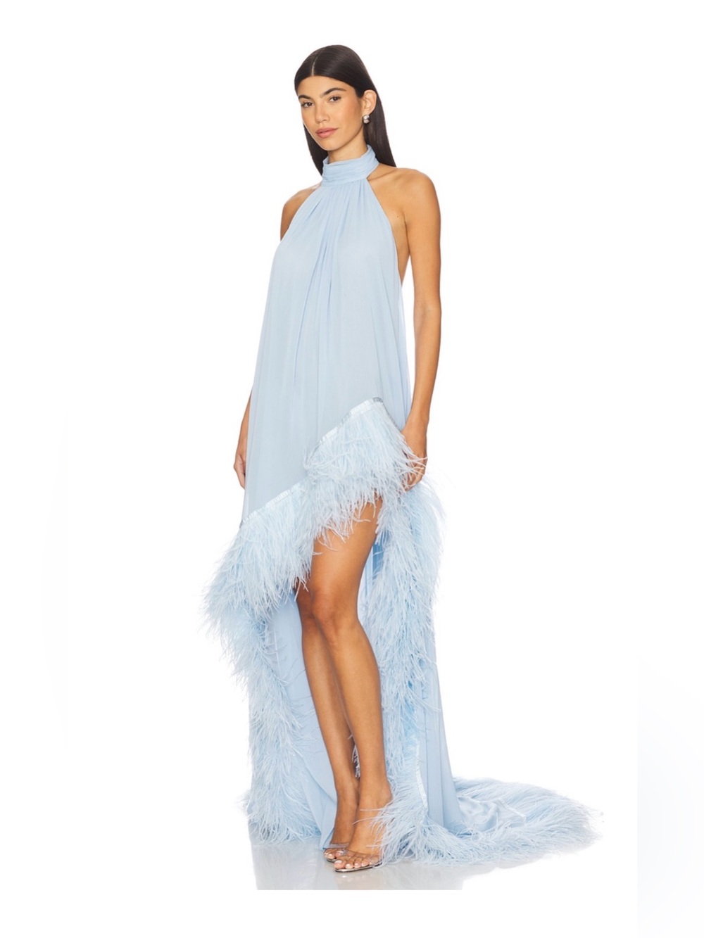Bronx and Banco Madeline Halterneck Powder Blue Feather-Trim Gown Dress